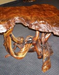 Sold  End Table Redwood with juniper base contact for ordering & pricing info
